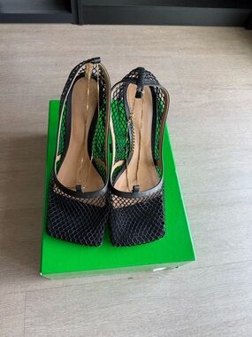 Bottega Veneta Black Mesh Square-Toe Slingback Heels